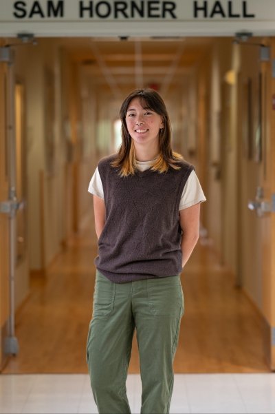 National scholarship winner Quinn Riordan in Horner Hall in Michigan Tech's College of Forest Resources and Environmental Sciences