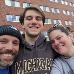 Jerry, Ethan, and Dannett selfie in front of Wadsworth Hall.