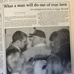A Michigan Tech Lode article titled 'What a man will do out of true love: an unexpected show at Stage Revue,' is shown from the Feb. 11, 2000, edition of the paper, detailing how the Stage Revue Chair proposed to the Blue Key Vice President at the event.