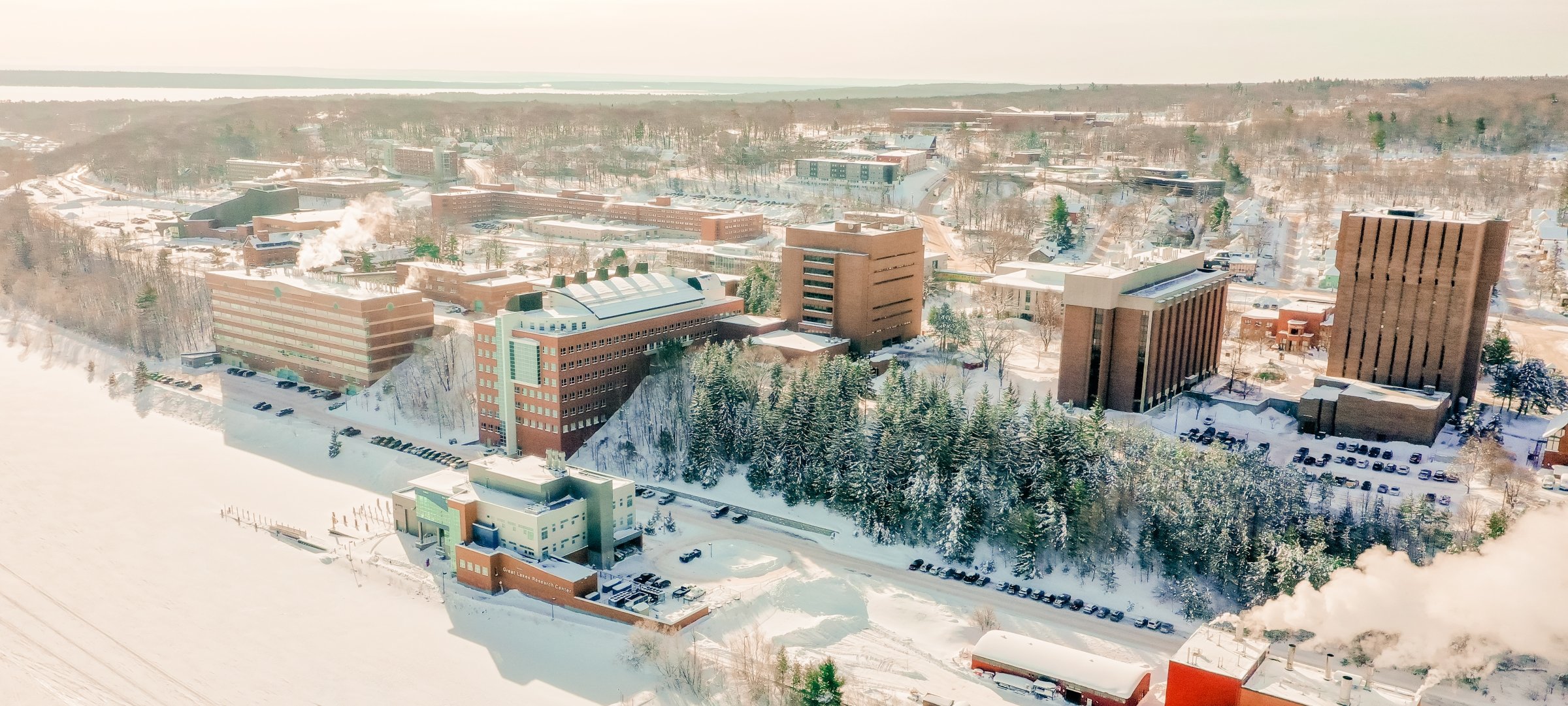An aerial view of campus in the winter.