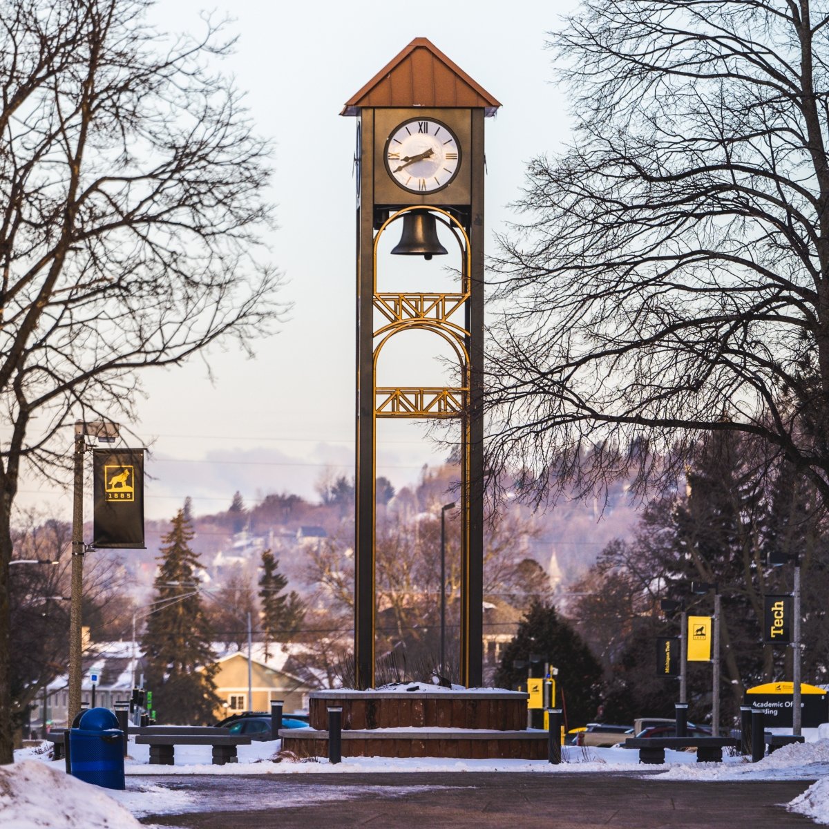 MTU clock tower on campus in the winter