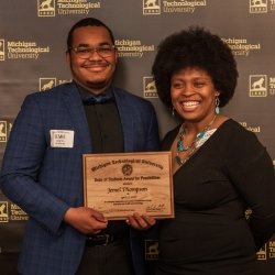Dean of Students Award for Possibilities Recipient Jemel Thompson poses with friend and student co-host Jailynn Johnson.
