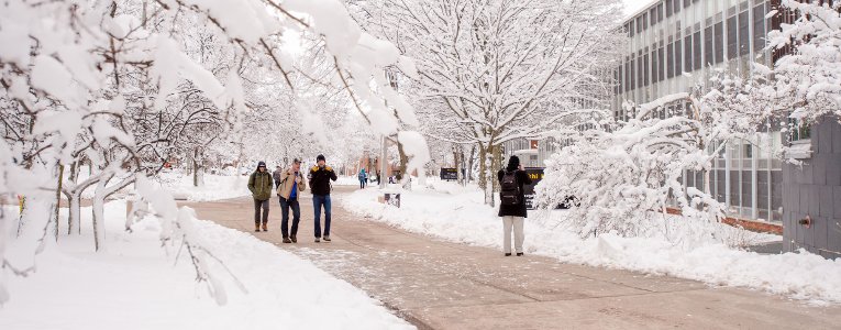 Students walking through campus in the winter.