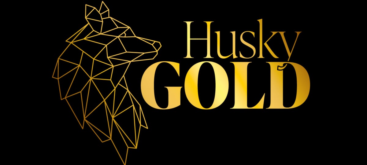 Geometric golden wireframe wolf head logo next to the text "Husky GOLD" in elegant golden lettering on a black background.
