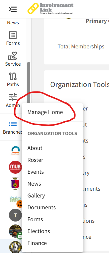 Manage Home Locating the "Manage Home" button on Involvement Link