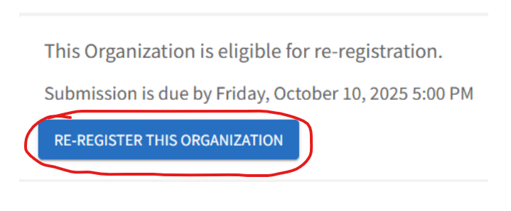 Re-Register this Organization Locating "Re-Register this Organziation" button on Invovlement Link