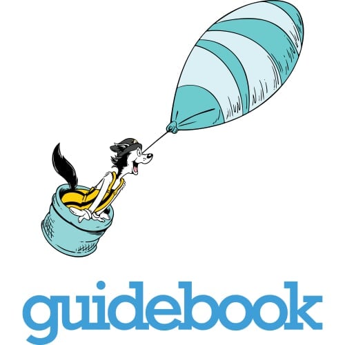 Illustration of Blizzard T Husky in a hot air balloon above the logo for the Guidebook app.