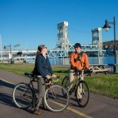 Bicyclists in front of Houghton lift bridge
