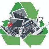 Green recycling logo with ewaste in background