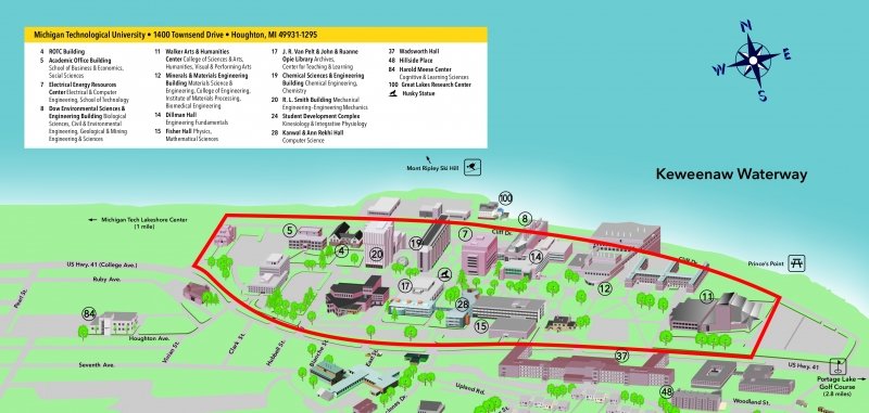 Boundaries map. SYP students should stay within the Michigan Tech campus, bordered by US 41 and Cliff Drive. 