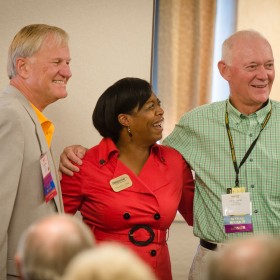 President Mroz and Alumni Association President Darnishia Slade greet new members of the Golden M Club.