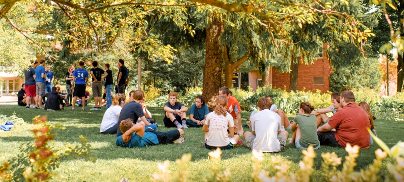 Students gathered on the campus mall