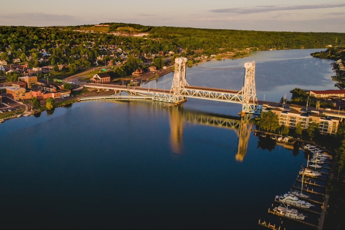 Aerial view of the Portage Lake Lift Bridge and Houghton.