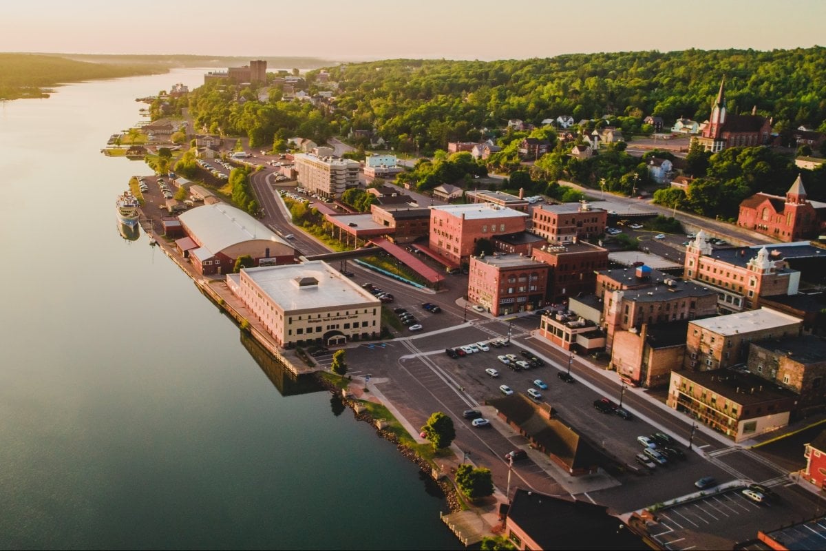 Aerial view of Houghton waterfront, north of downtown.