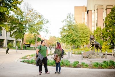 View of campus with students walking