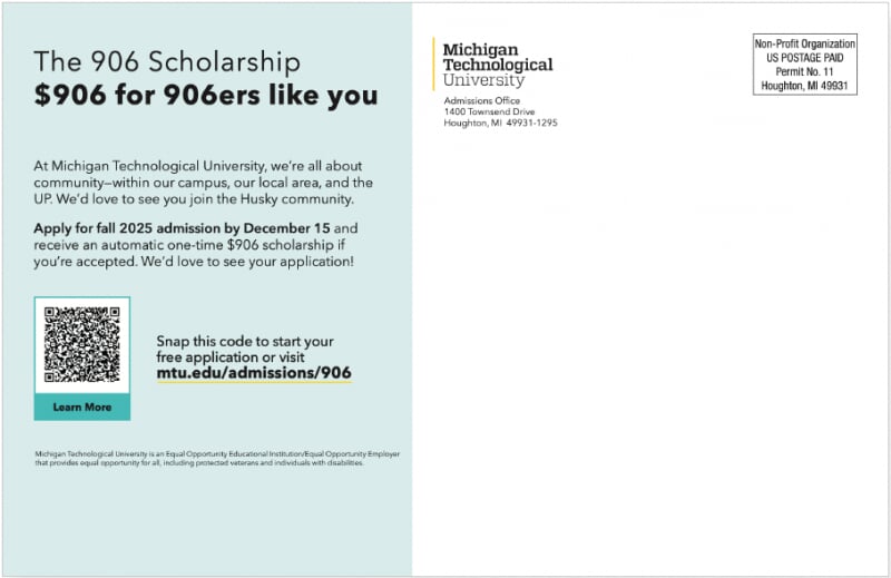 Sample 906 Scholarship postcard with informational text, a QR code, vanity URL, and address area.