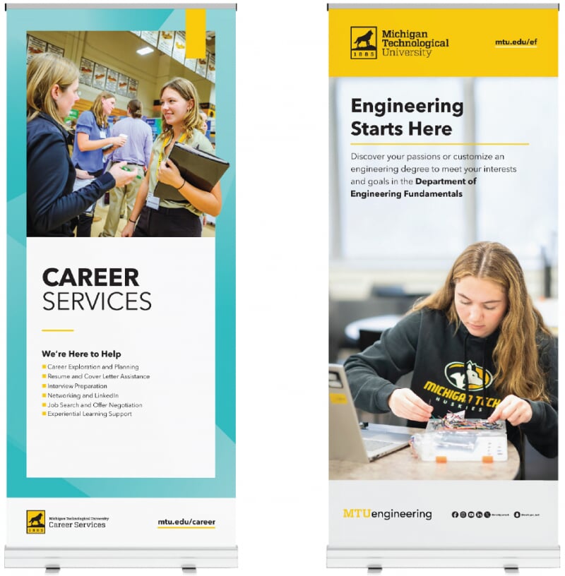 Sample large vertical banners for Career Services and Engineering Fundamentals featuring short text and large images with a URL.