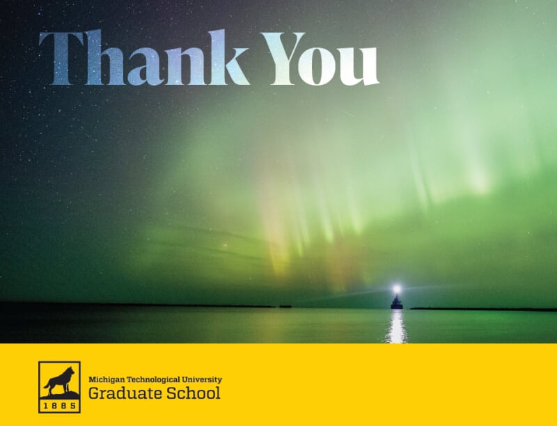 Sample Graduate School Thank You card featuring the Northern Lights over a lighthouse.