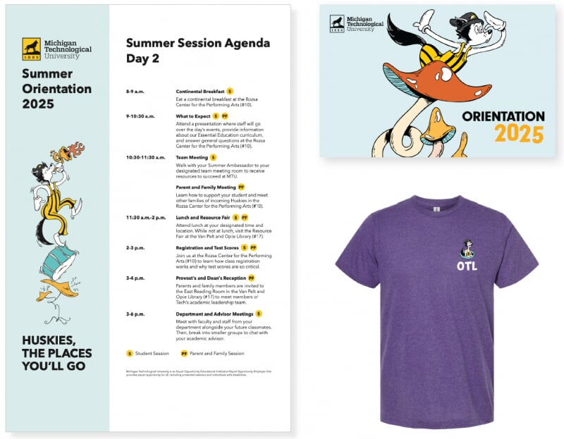 Sample event materials from Orientation 2025 including a Day 2 agenda, postcard cover, and tee shirt featuring a Dr. Seuss-like husky character.