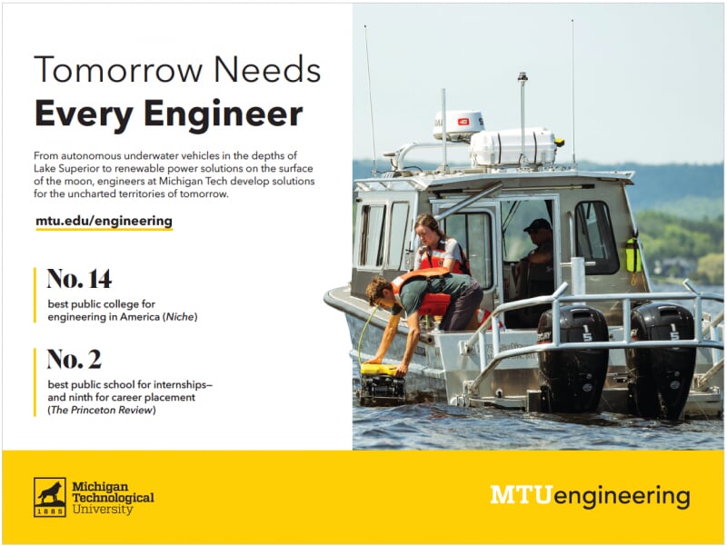 Sample print ad with the headline Tomorrow Needs Every Engineer, additional text, touts, and a photo.