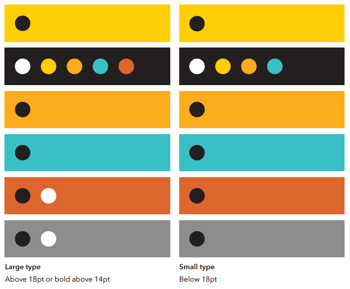 Color swatches depicting accessible color combinations as described in the preceding table.