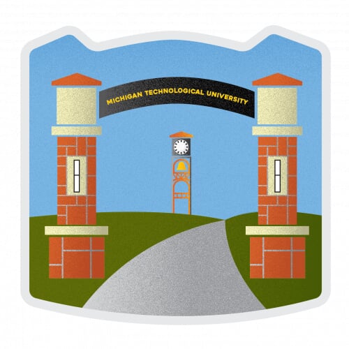 Illustration of the Michigan Technological University gateway arch and clocktower in the background.