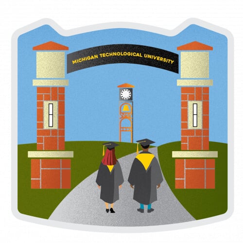Illustration of the Michigan Technological University gateway arch with students in cap and gown walking under and clocktower in the background.