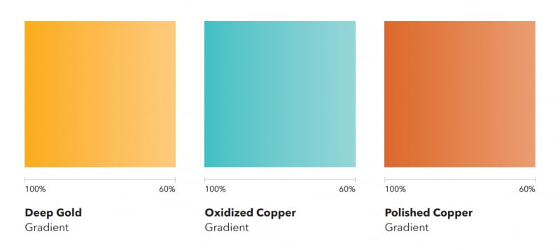 Sample gradients of deep gold, oxidized copper, and polished copper going from 100% to 60%.