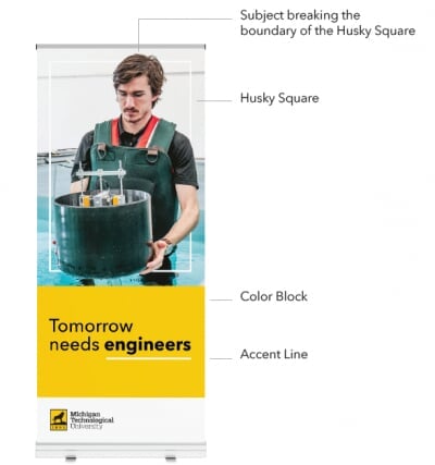 Sample design showing the subject breaking the boundary of the Husky Square, the Husky Square, a yellow Color Block, and a white Accent Line under the text.