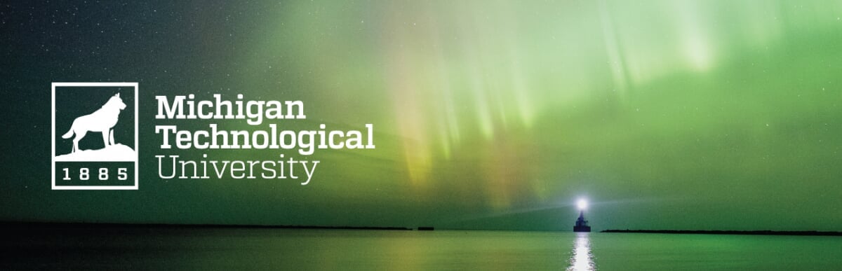 White logo on a dark photo of aurora over a lighthouse.