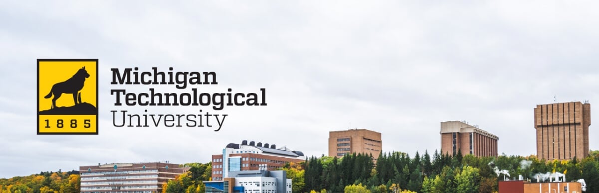 Two-color logo in the sky area of a campus photo.
