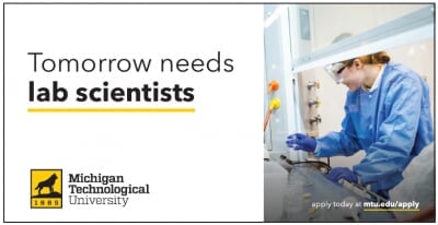 Example of a Tomorrow needs lab scientists postcard showing an image on the right and the logo at the bottom left.