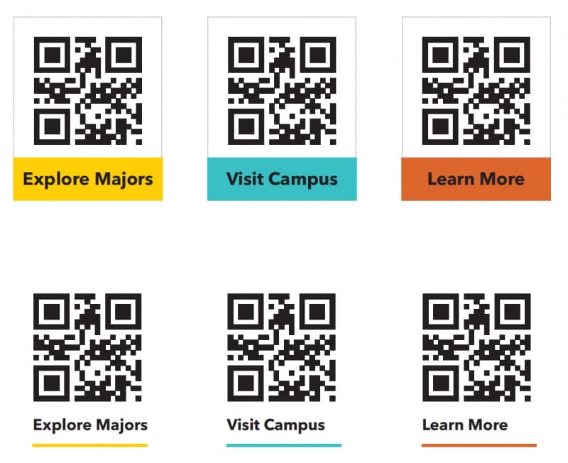Sample QR codes with a colored box and text below the codes or a line below the text under the code.