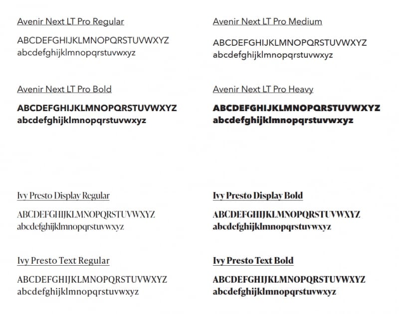 Font samples of Avenir Next LT Pro Regular, Medium, Bold, and Heavy; Ivy Presty Display Regular and Bold; and Ivy Presto Text Regular and Bold.