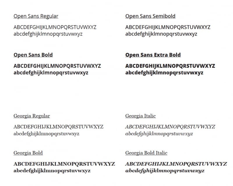 Font samples for Open Sans Regular, Semibold, Bold, and Extra Bold and Georgia Regular, Italic, Bold, and Bold Italic.
