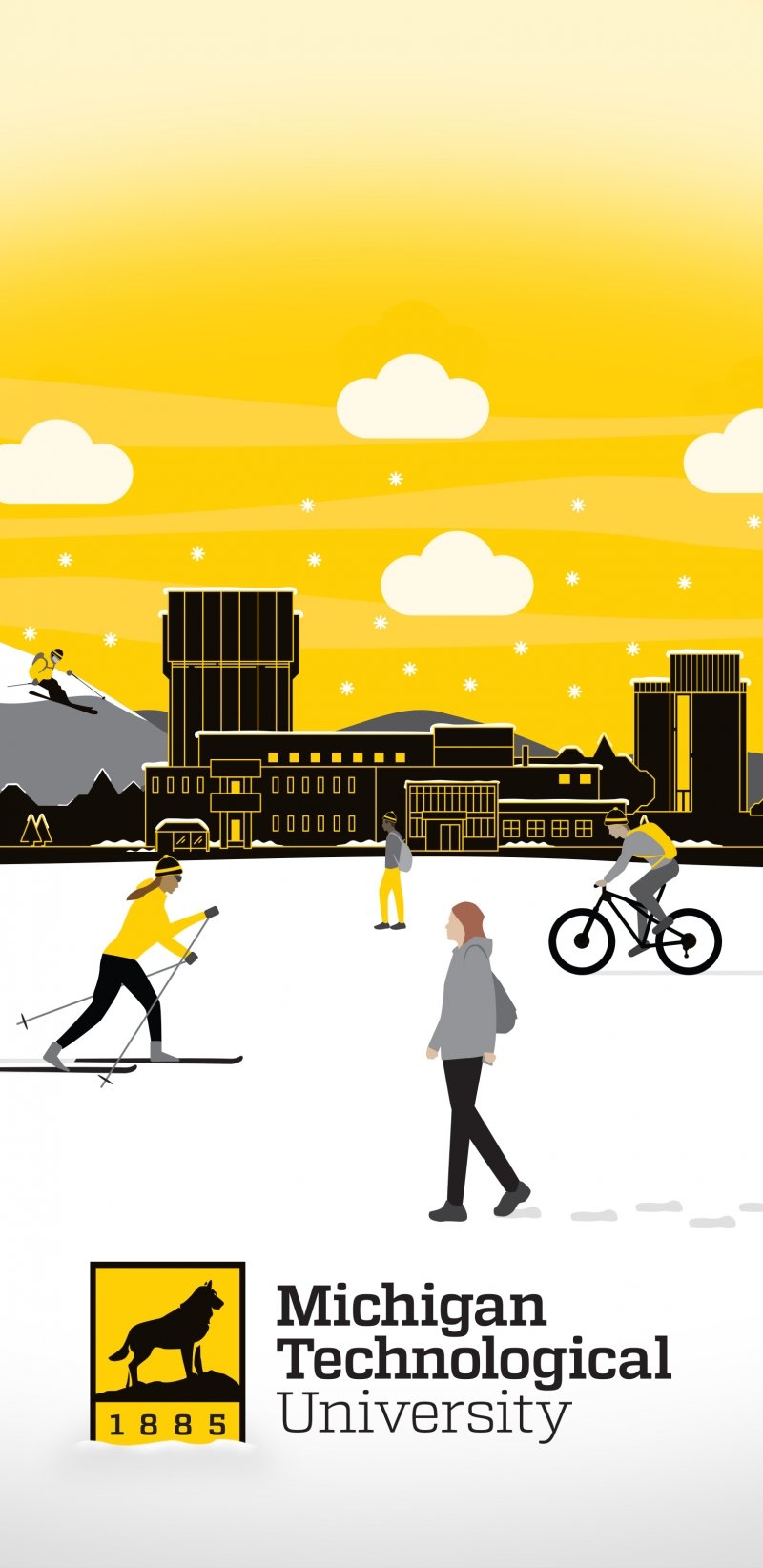 White and yellow background with campus and outdoor activities