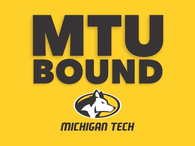 MTU Bound and Michigan Tech husky logo black text on a gold background.