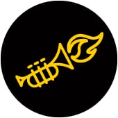 Black background with gold icon of the Essential Ed icon for Create, a flaming trumpet.