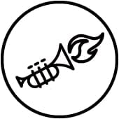 Black outline of the Essential Ed icon for Create, a flaming trumpet.