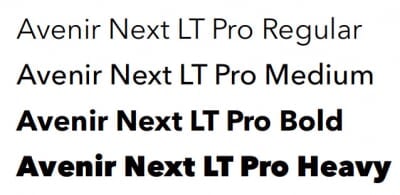 Avenir Next Pro font samples including Regular, Medium, Bold, and Heavy.