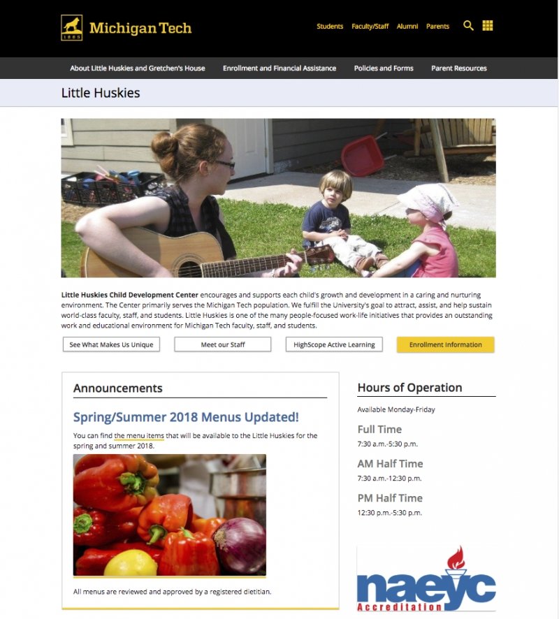 Screen shot of the Little Huskies homepage.