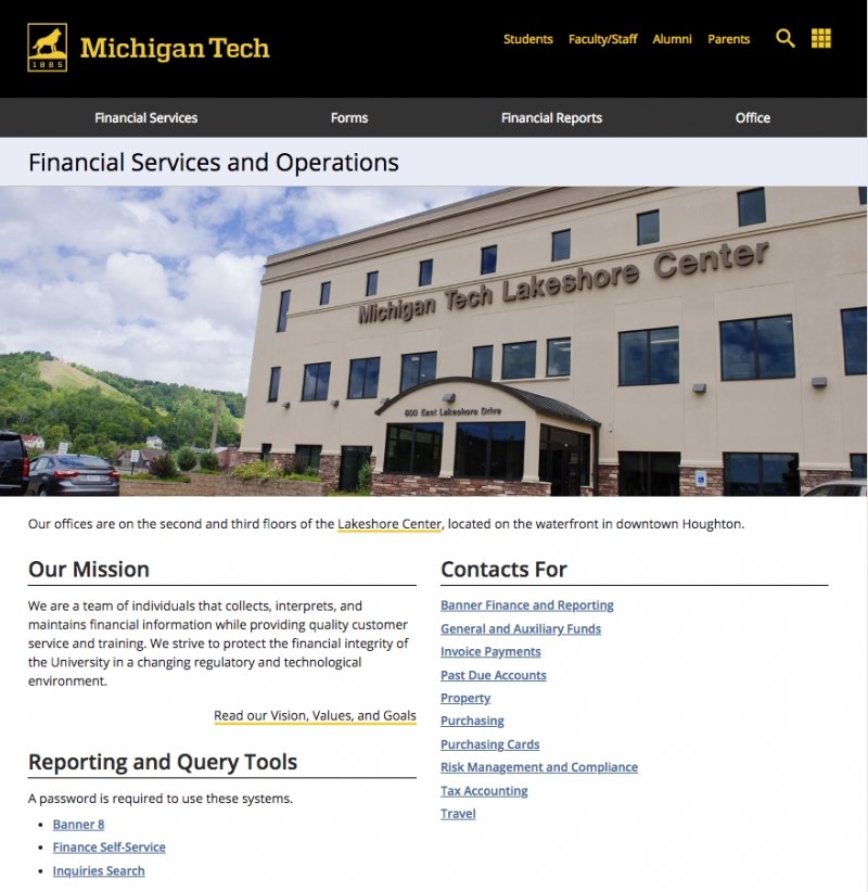 Screen shot of the Financial Services and Operations homepage.