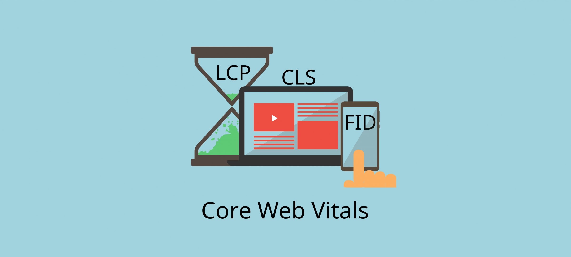 Core Web Vitals with hour glass labelled LCP, computer labelled CLS and cell phone labelled FID