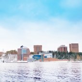 Campus in the winter with the Keweenaw Waterway in front.