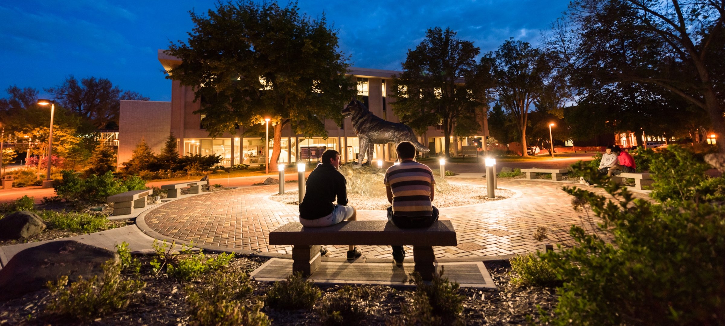 Students around the husky statue at night.