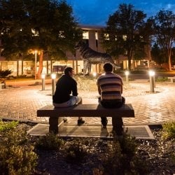 Students sitting around the husky statue at night.