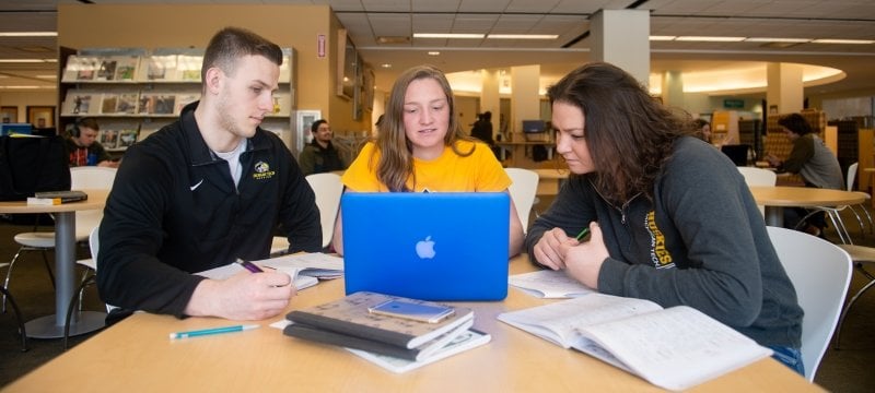 Students at a table with a laptop.