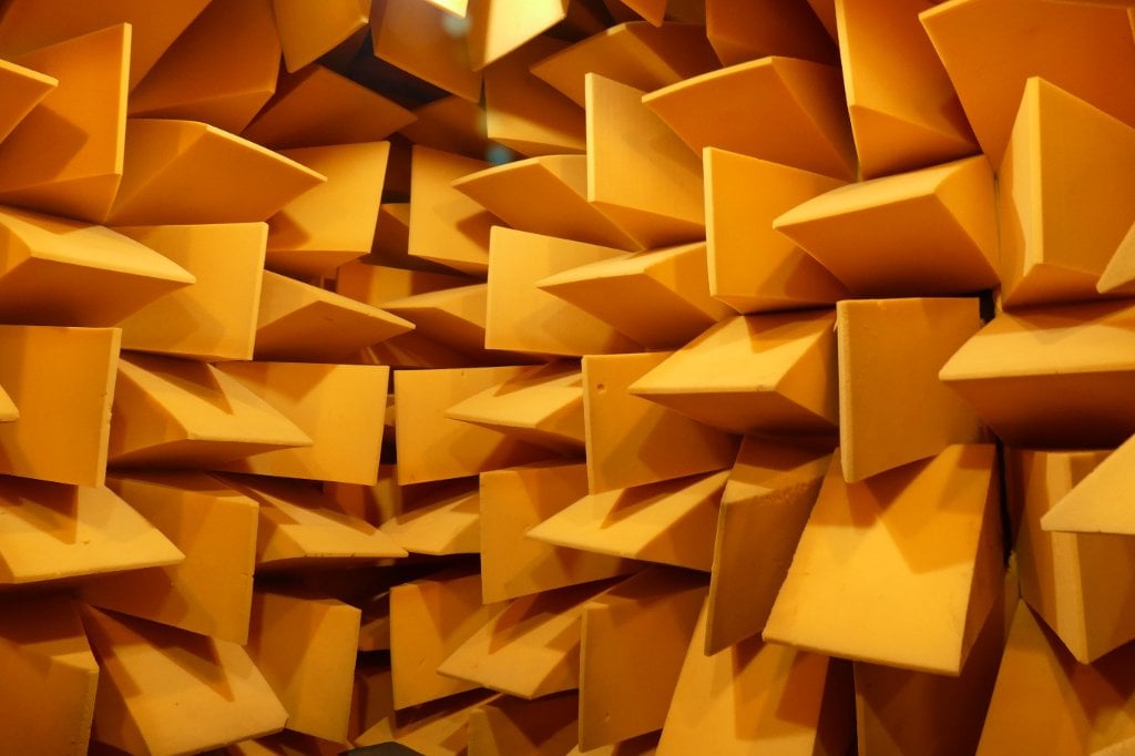 Large foam wedges provide insulation in the anechoic chamber, an acoustic testing facility in the mechanical engineering department at Michigan Tech.