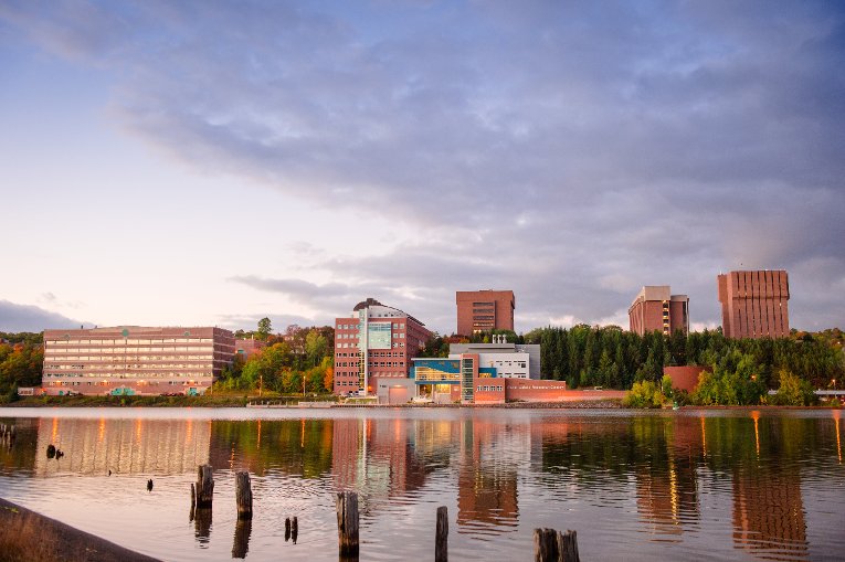 A view of campus from across the waterway.