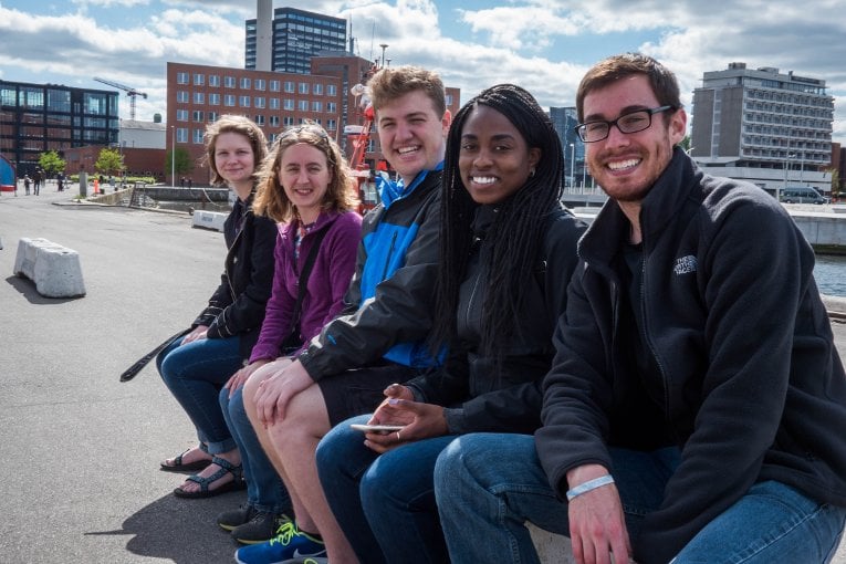 Hannah Cunningham, Caryn Heldt, Cameron Miller, Bianca Jones, and Jacob Crislip check out the dock in Aarhus, Denmark. (Not pictured: Taran Schatz, Anna Mendelson, Erin Smith).